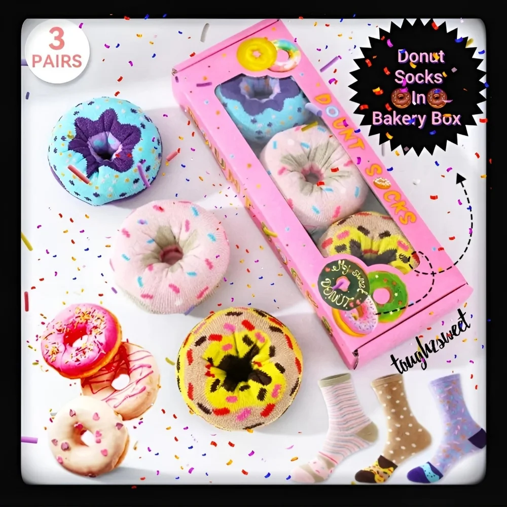 🆕️LAST BOX🍩DONUT NOVELTY COLORFUL UNIQUE SOCKS/SET OF 3 IN BAKERY BOX